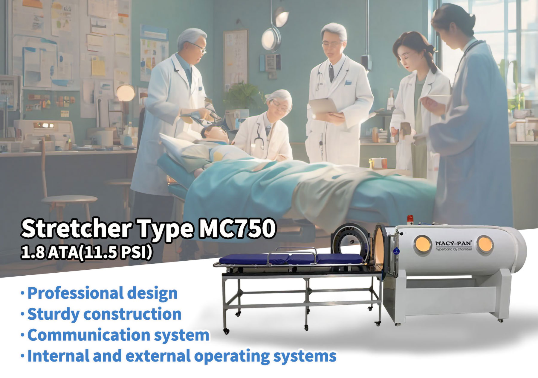 MC750 1.8ATA Stretcher Access Hyperbaric Oxygen Chamber 
